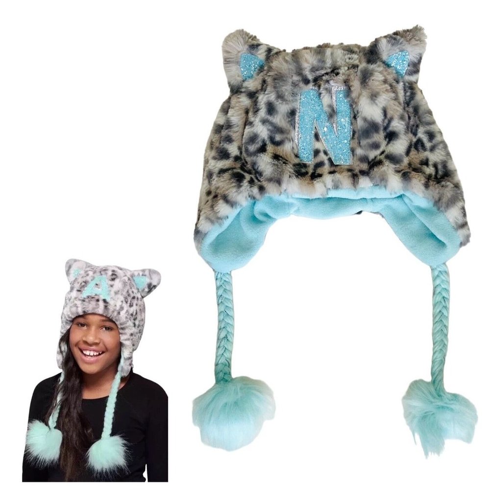 Justice Girl’s Letter N One Size Cheetah Cat Earflap Hat Faux Fur Grey Teal Blue
